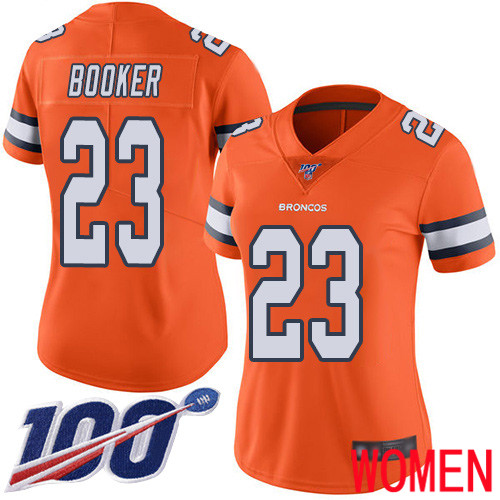 Women Denver Broncos #23 Devontae Booker Limited Orange Rush Vapor Untouchable 100th Season Football NFL Jersey